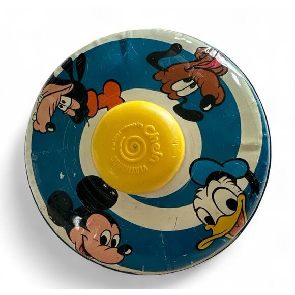 Vintage Tin 1973 J. Chein Disney Push Down Spinning Top Mickey Mouse Donald Duck - Picture 2 of 4